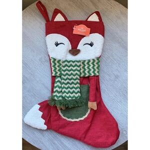 Festive Burlap Red Fox 19" Christmas Stocking Mantle Shelf Decor with Pocket NWT